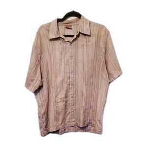 VINTAGE Y2K TIMBERLAND Snap Button Camp Shirt  Cream Stripes Chest Logo Large